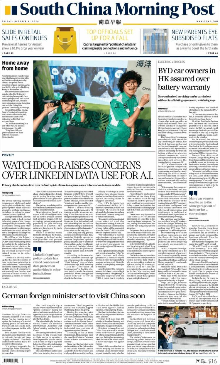 Portada de South China Morning Post (China)