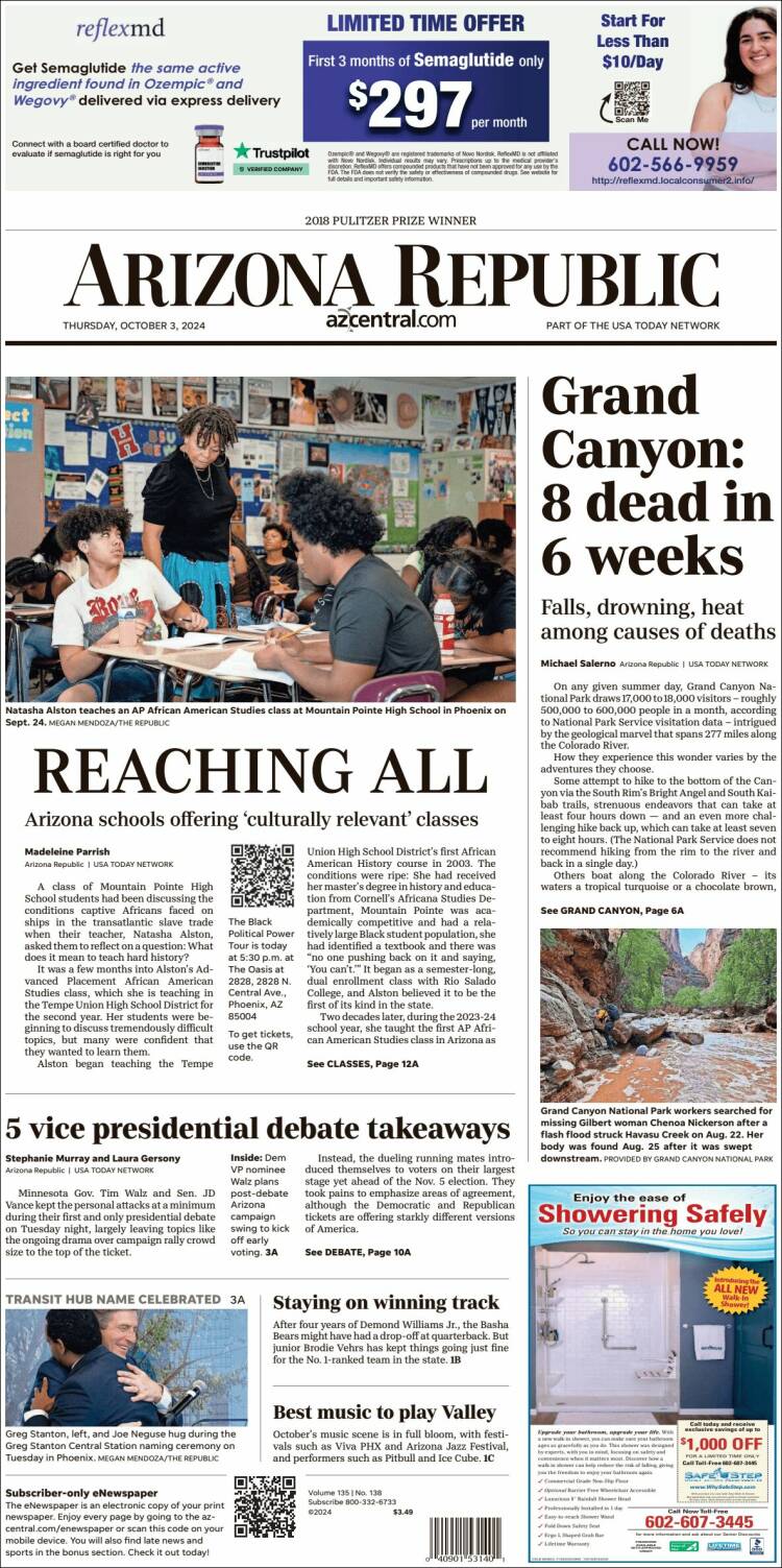 Portada de Arizona Republic News (USA)