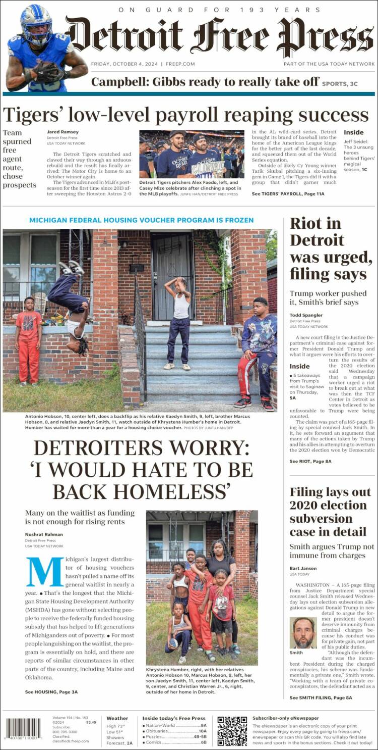 Portada de Detroit Free Press (USA)