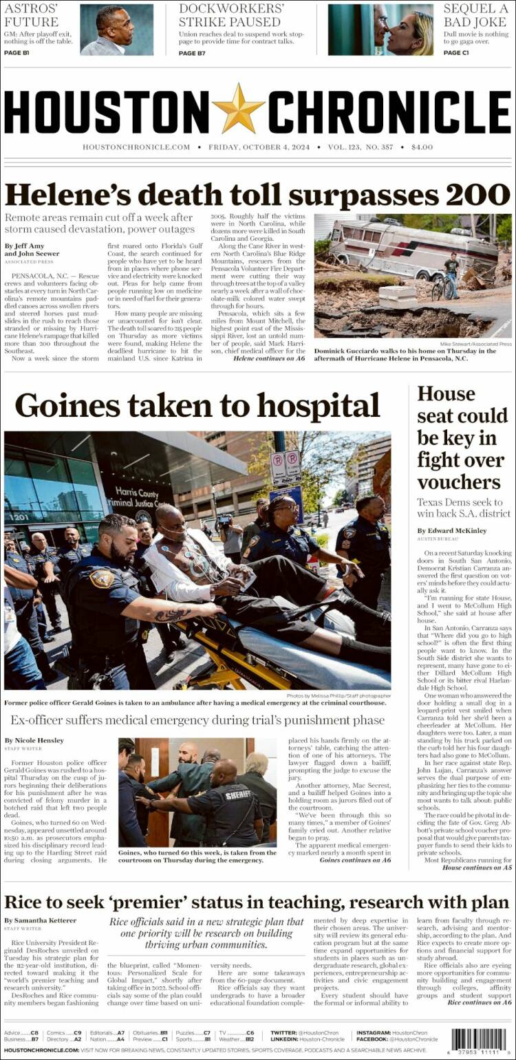 Portada de Houston Chronicle (USA)