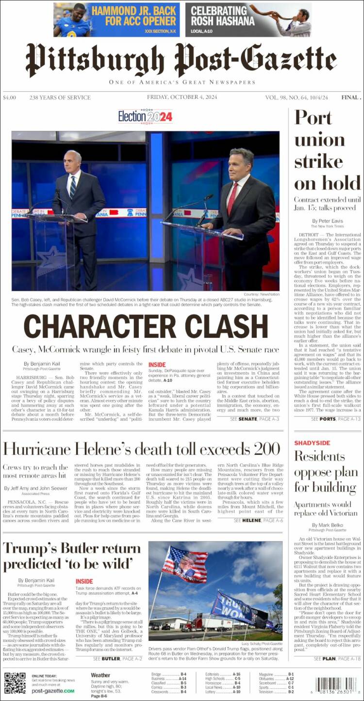 Portada de Pittsburgh Post-Gazette (USA)