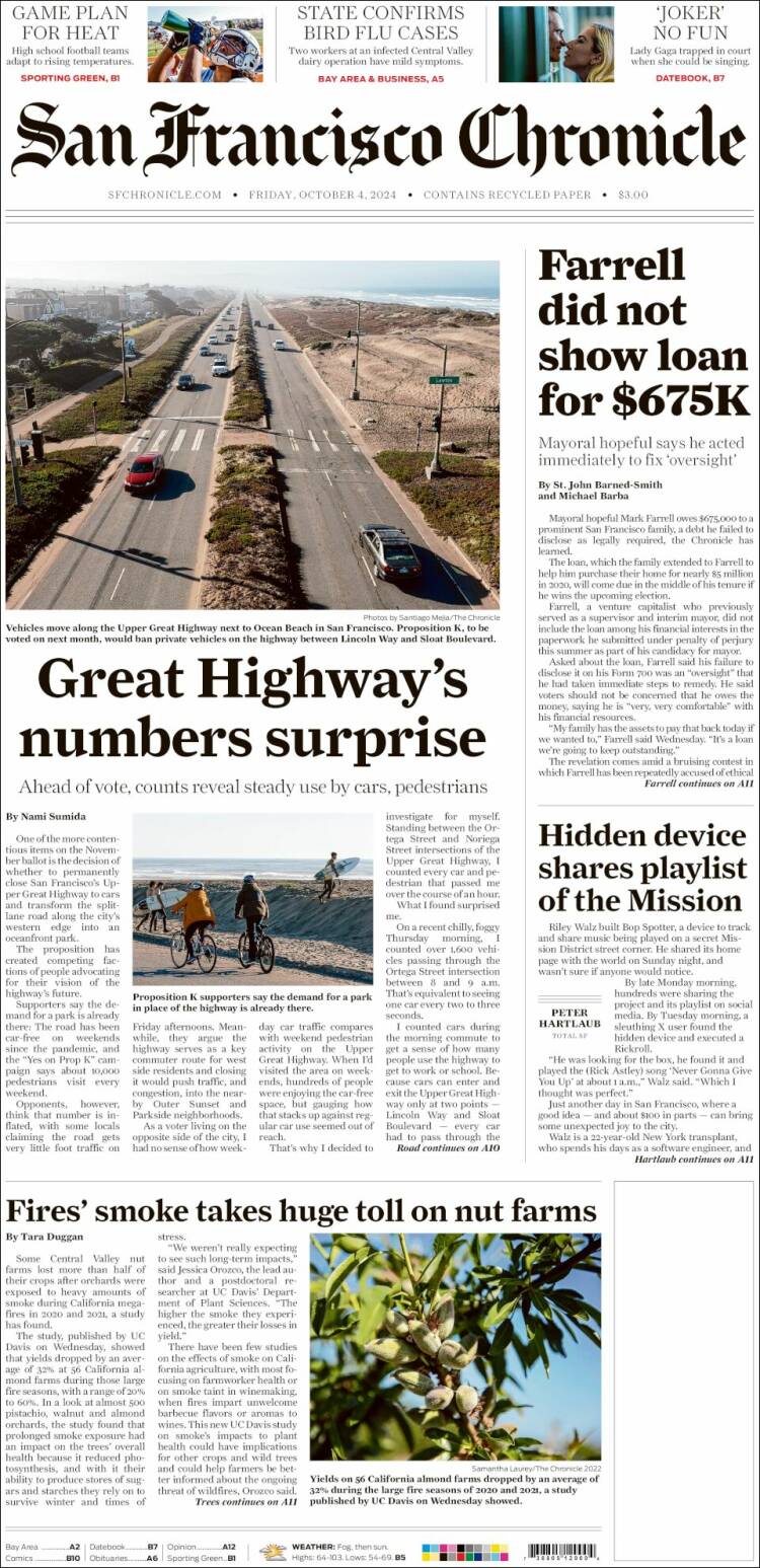 Portada de San Francisco Chronicle (USA)