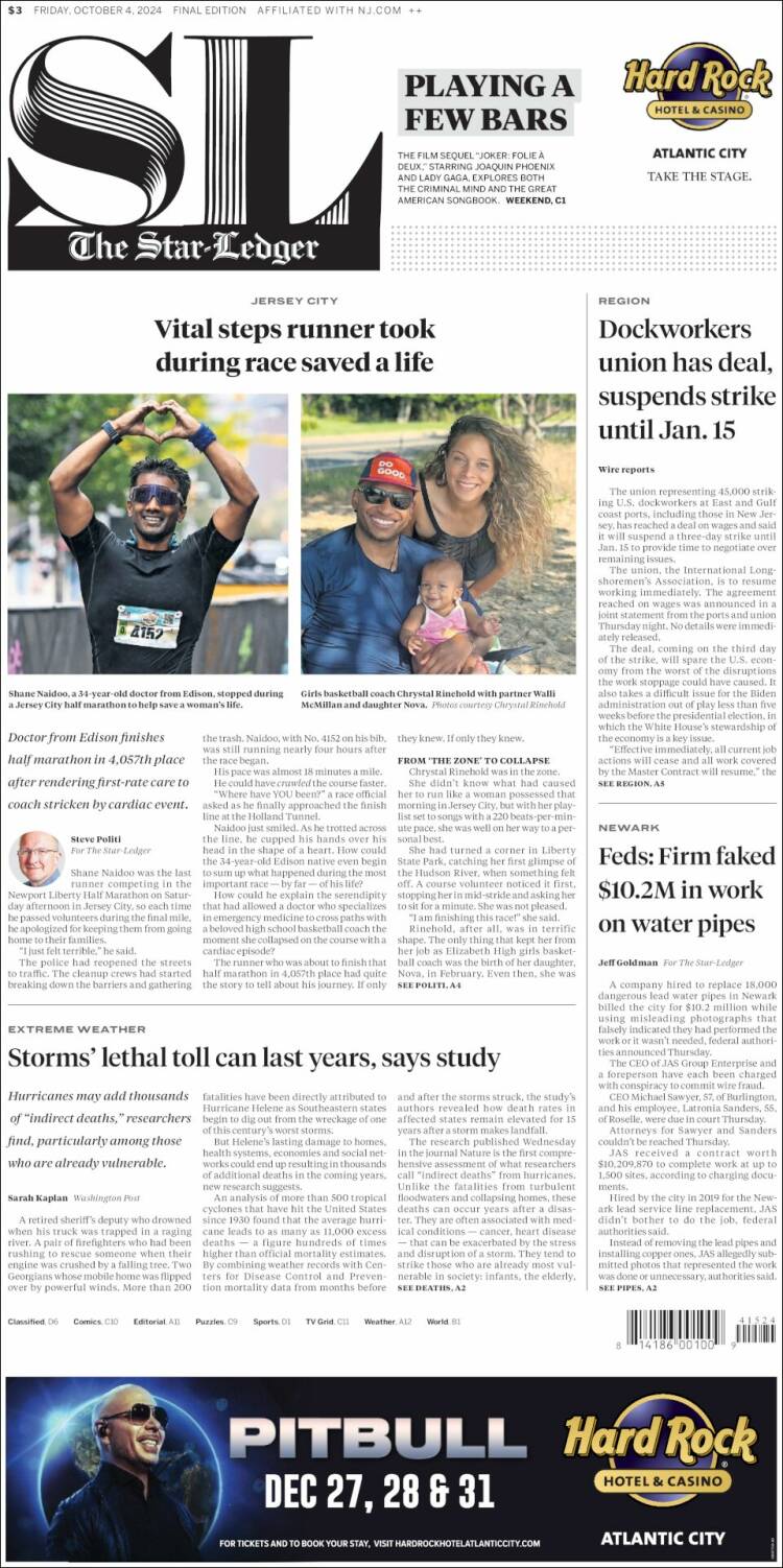 Portada de Star-Ledger (USA)