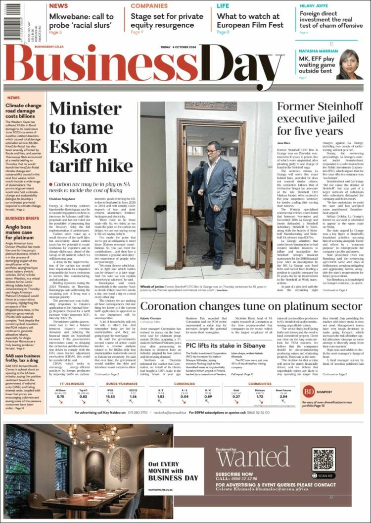 Portada de Business Day (South Africa)