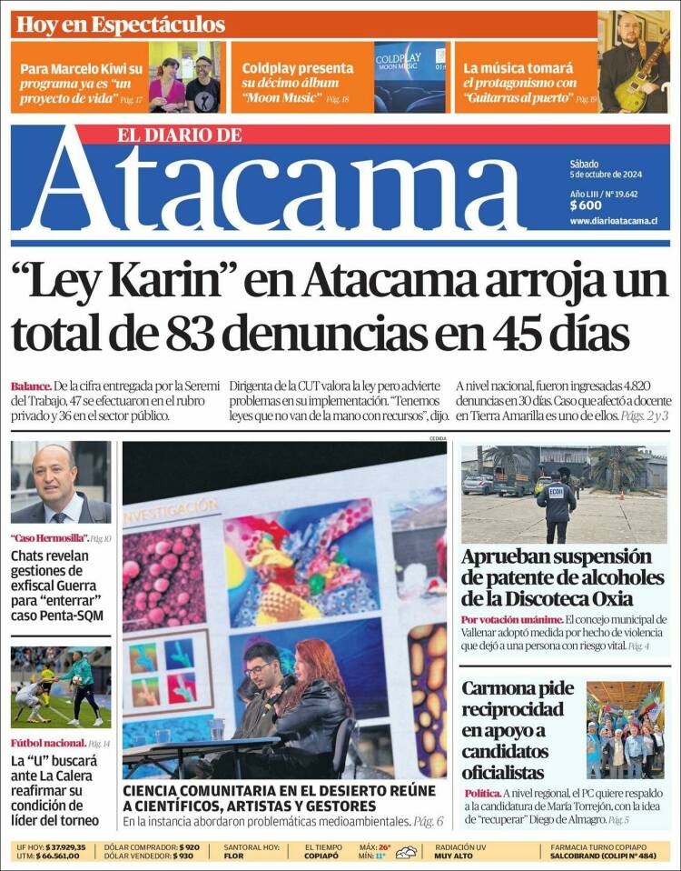 Portada de Diario de Atacama (Chile)