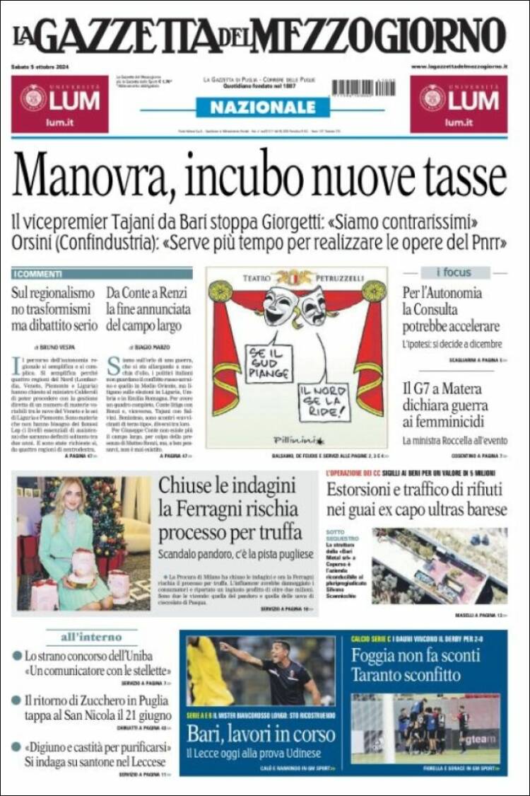 Portada de La Gazzetta del Mezzogiorno (Italia)