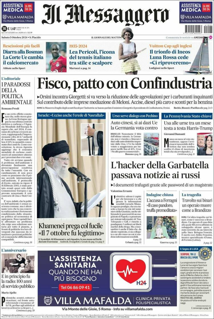 Portada de Il Messaggero (Italia)