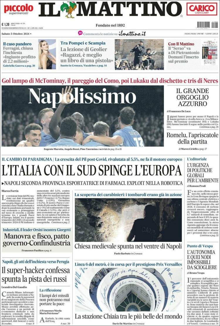 Portada de Il Mattino (Italia)