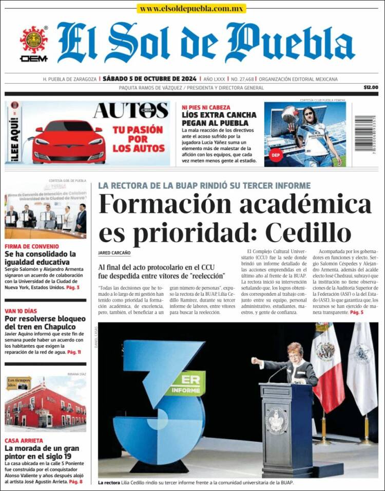 Portada de El Sol de Puebla (M&eacute;xico)