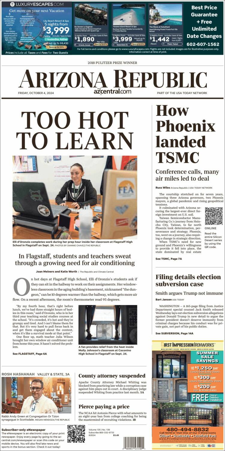 Portada de Arizona Republic News (USA)