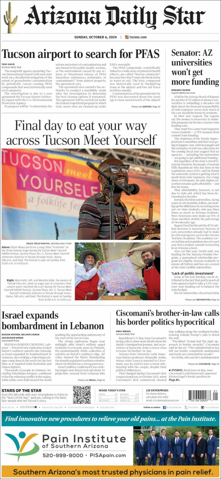 Portada de Arizona Daily Star (USA)