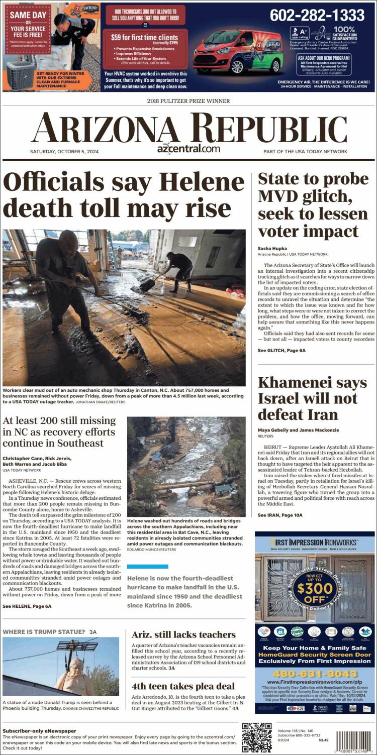 Portada de Arizona Republic News (USA)