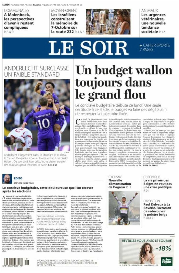 Portada de Le Soir (B&eacute;lgica)