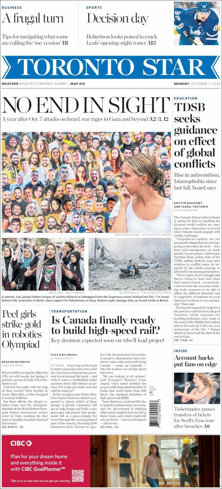 Portada de The Toronto Star (Canadá)