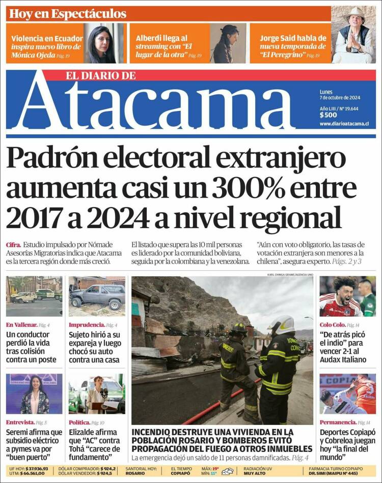 Portada de Diario de Atacama (Chile)