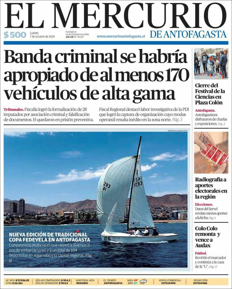 Portada de El Mercurio de Antofagasta (Chile)