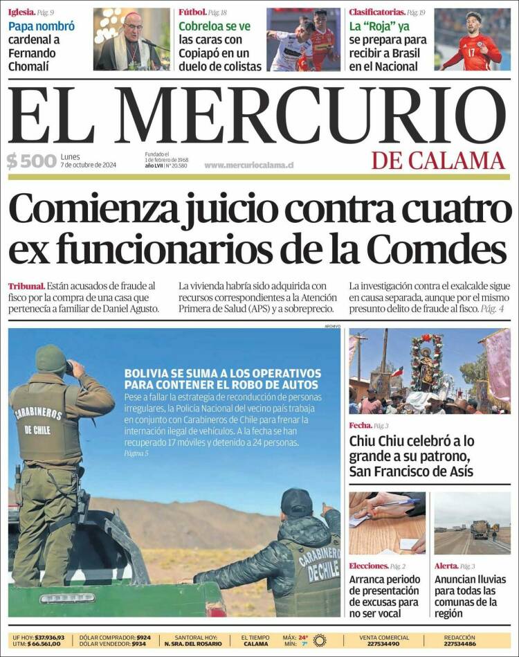 Portada de El Mercurio - Calama (Chile)