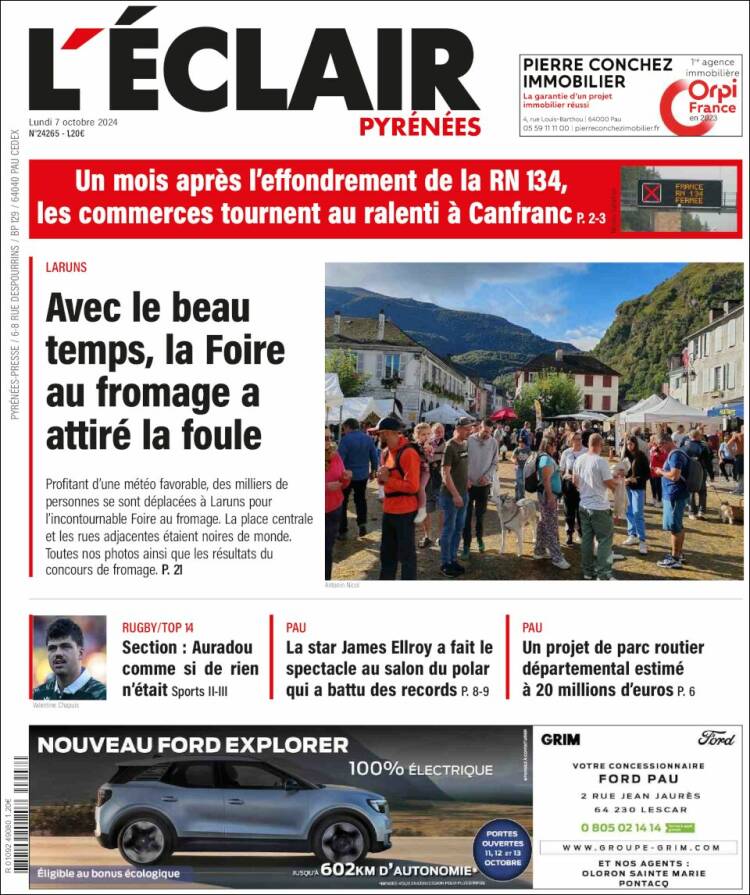 Portada de L'Eclair des Pyrénées (Francia)