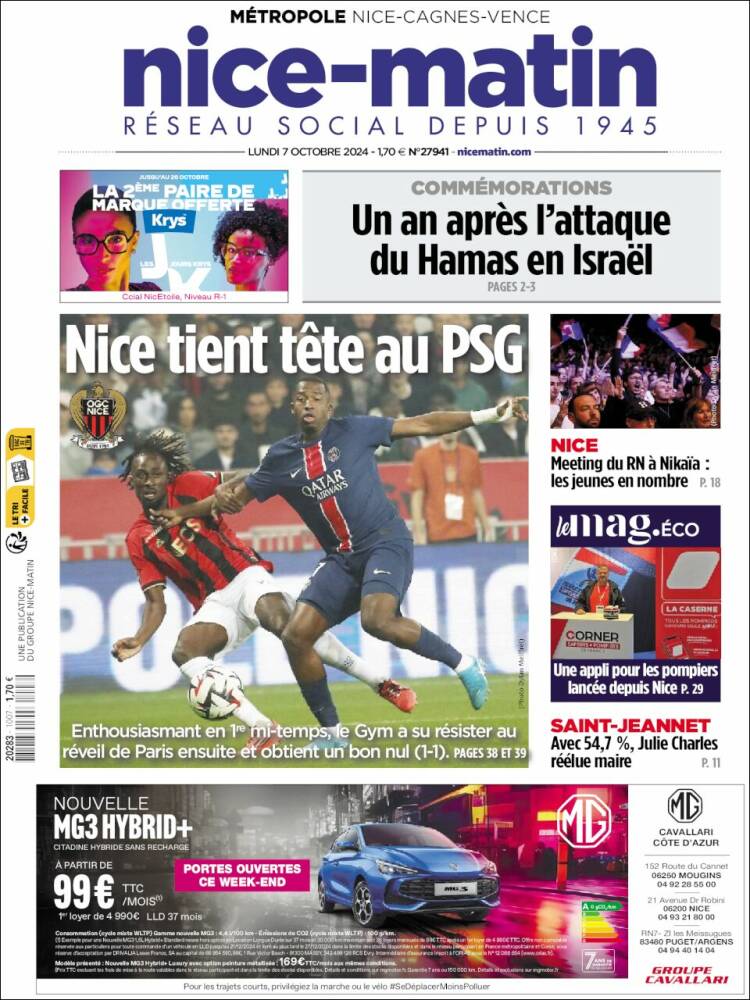 Portada de Nice-Matin (Francia)