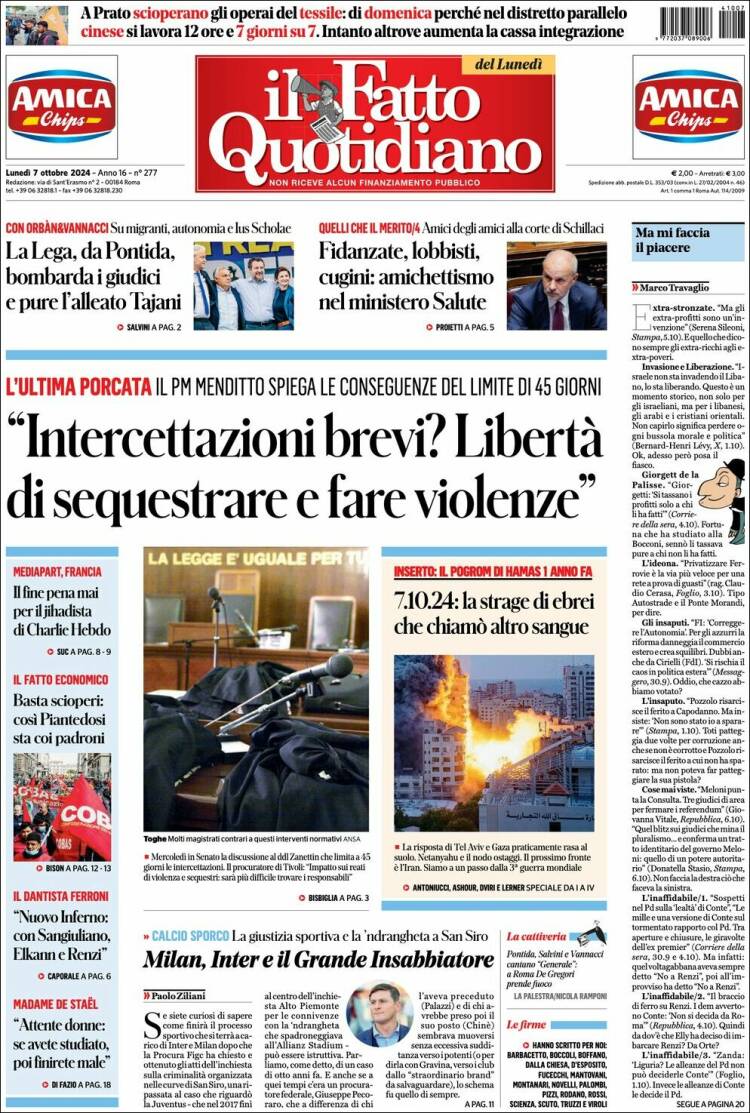 Portada de Il Fatto Quotidiano (Italia)