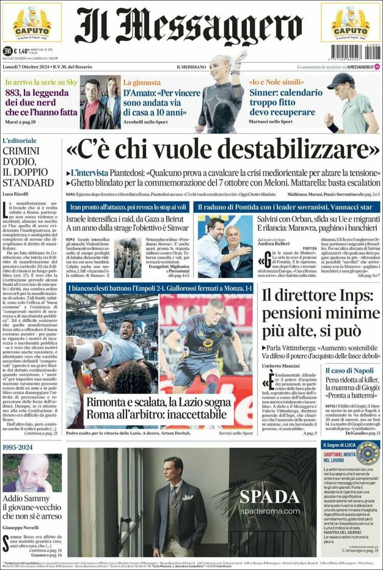 Portada de Il Messaggero (Italia)