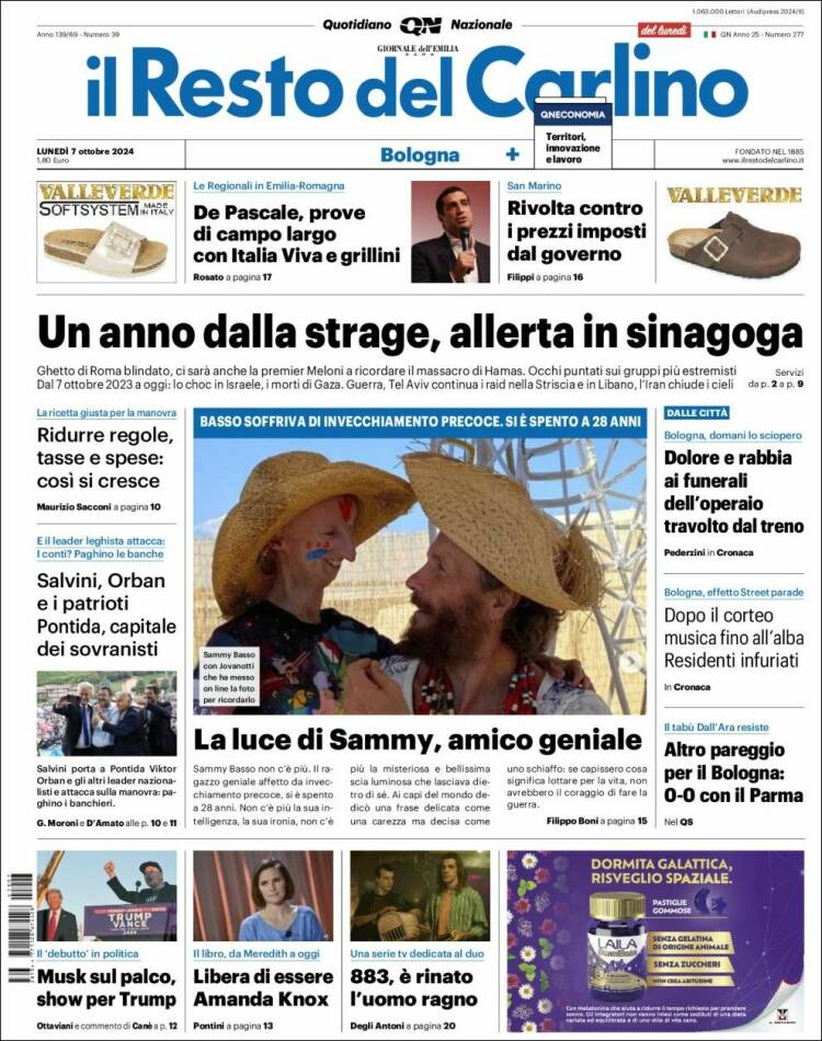 Portada de Il Resto del Carlino (Italia)