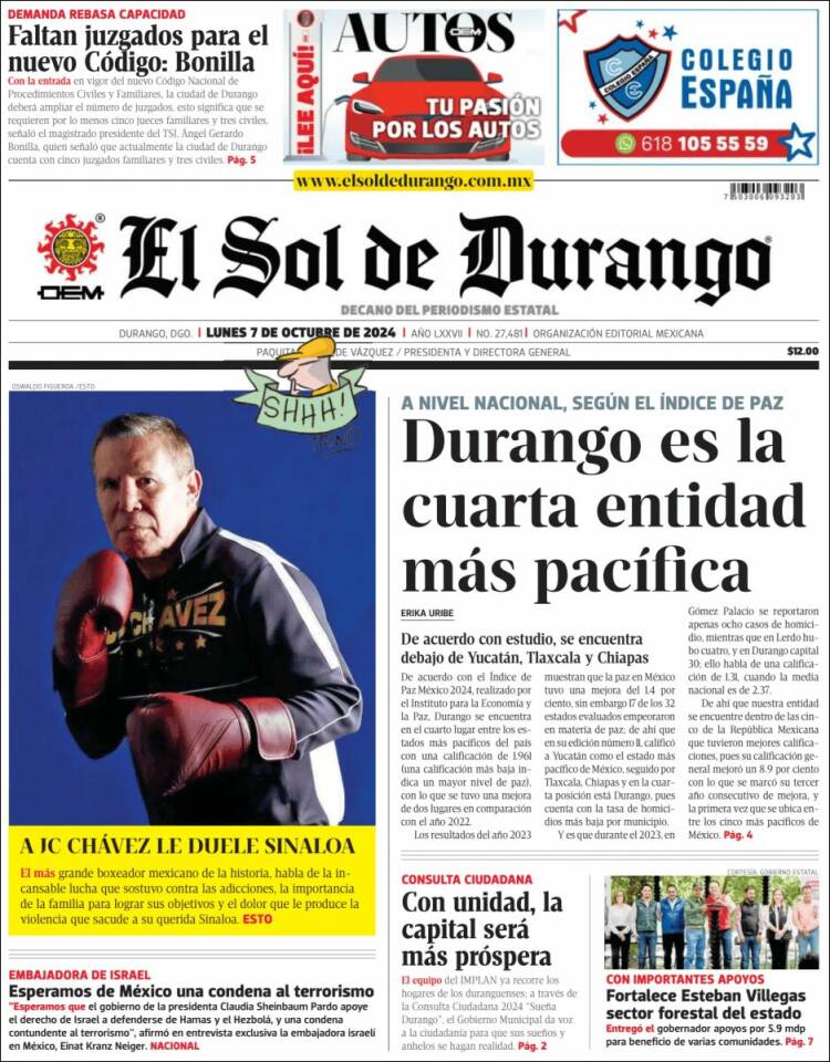 Portada de El Sol de Durango (México)