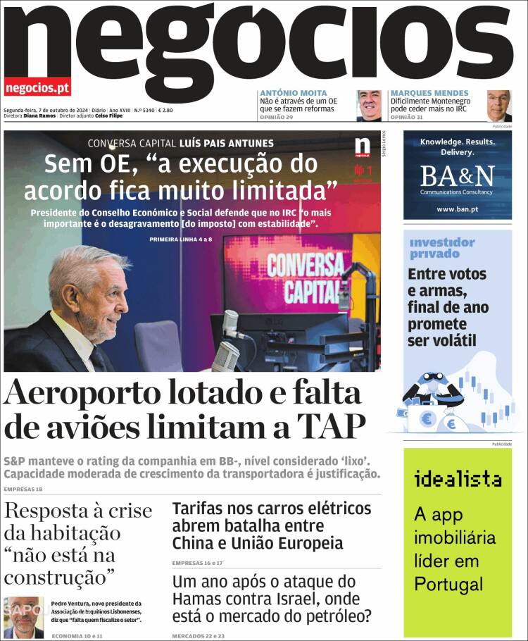 Portada de Jornal de Negócios (Portugal)