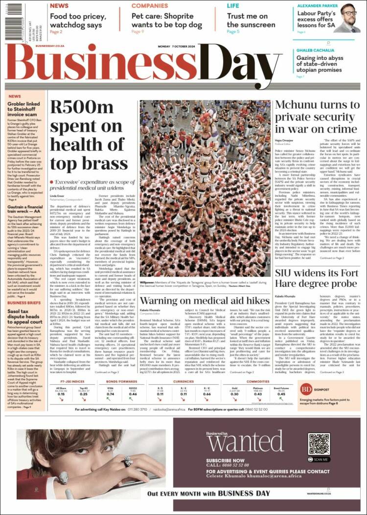 Portada de Business Day (Sud&aacute;frica)