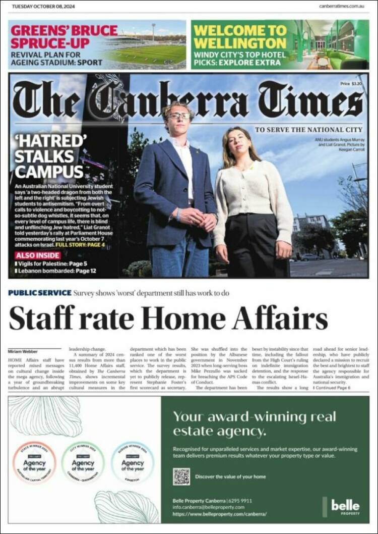 Portada de The Canberra Times (Australia)