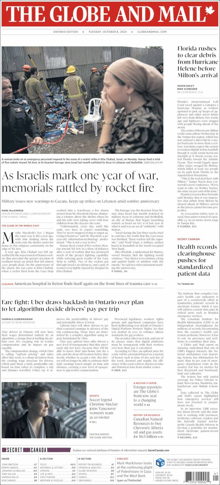 Portada de The Globe and Mail (Canadá)