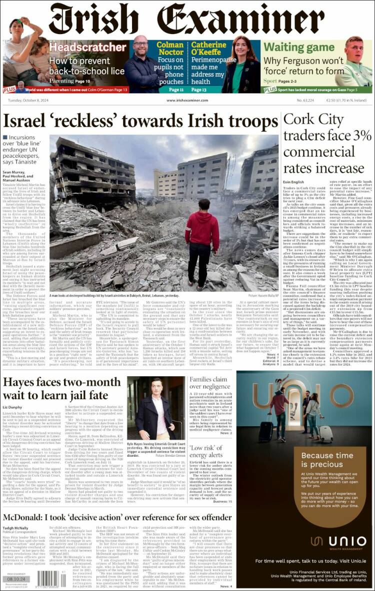 Portada de Irish Examiner (Irlanda)