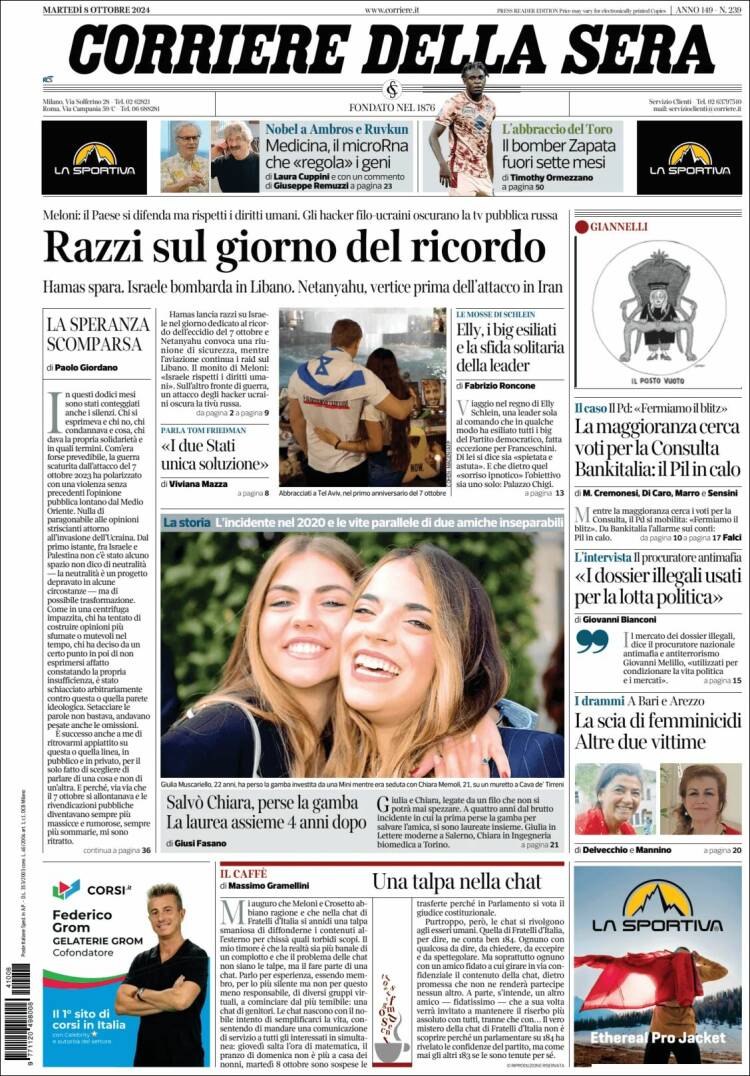 Portada de Corriere della Sera (Italia)
