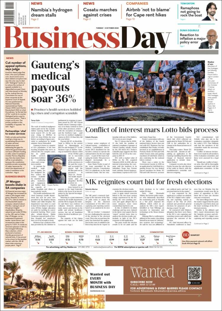 Portada de Business Day (Sud&aacute;frica)