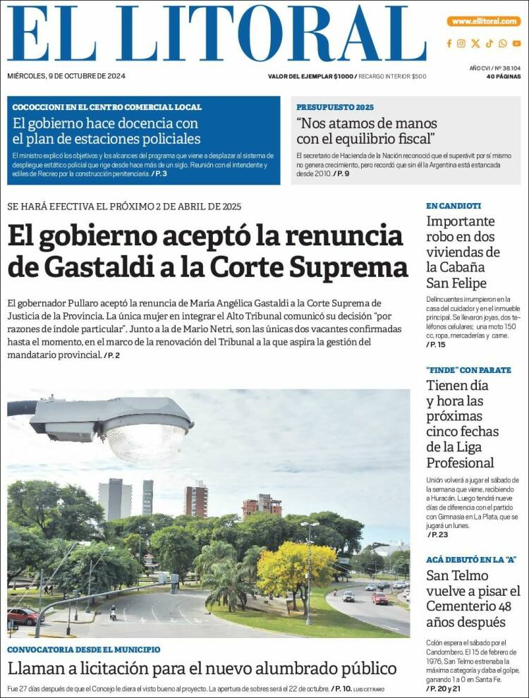 Portada de Diario El Litoral (Argentina)