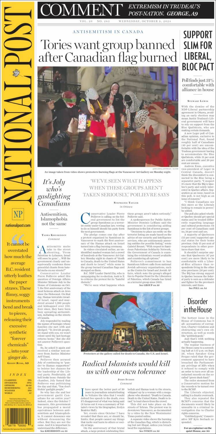 Portada de The National Post (Canadá)