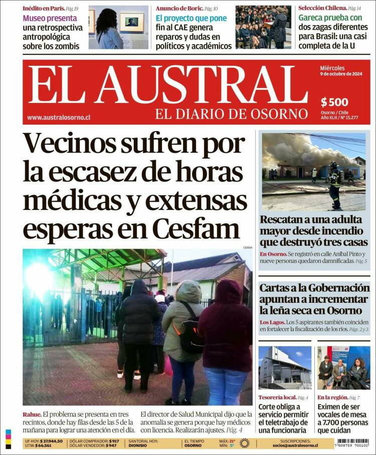 Portada de El Austral de Osorno (Chile)