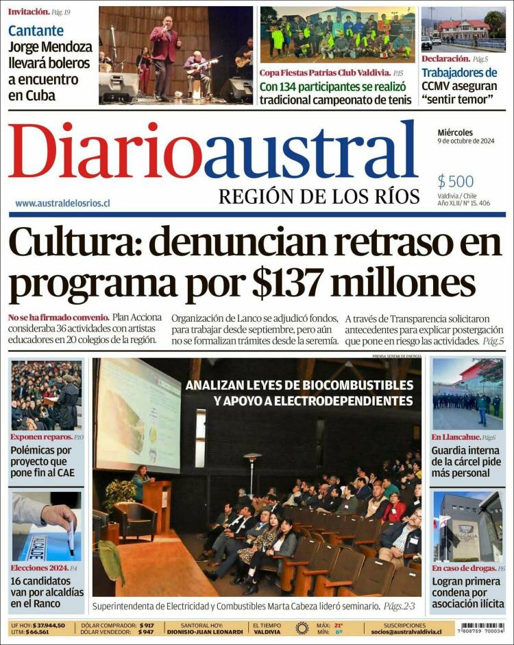 Portada de El Diario Austral de Valdivia (Chile)