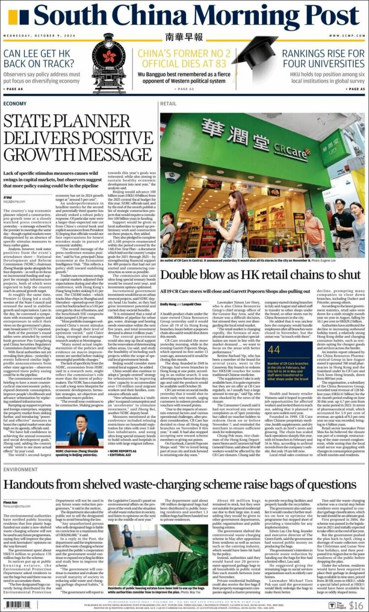 Portada de South China Morning Post (China)