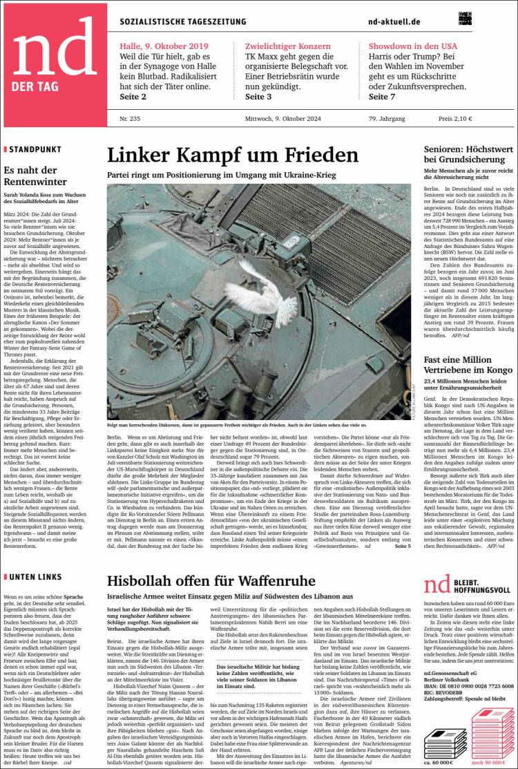 Portada de Neues Deutschland (Alemania)