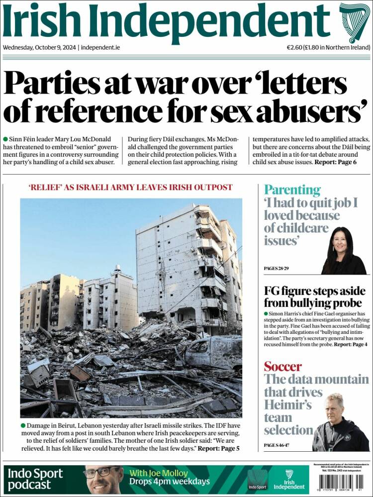 Portada de Irish Independent (Irlanda)