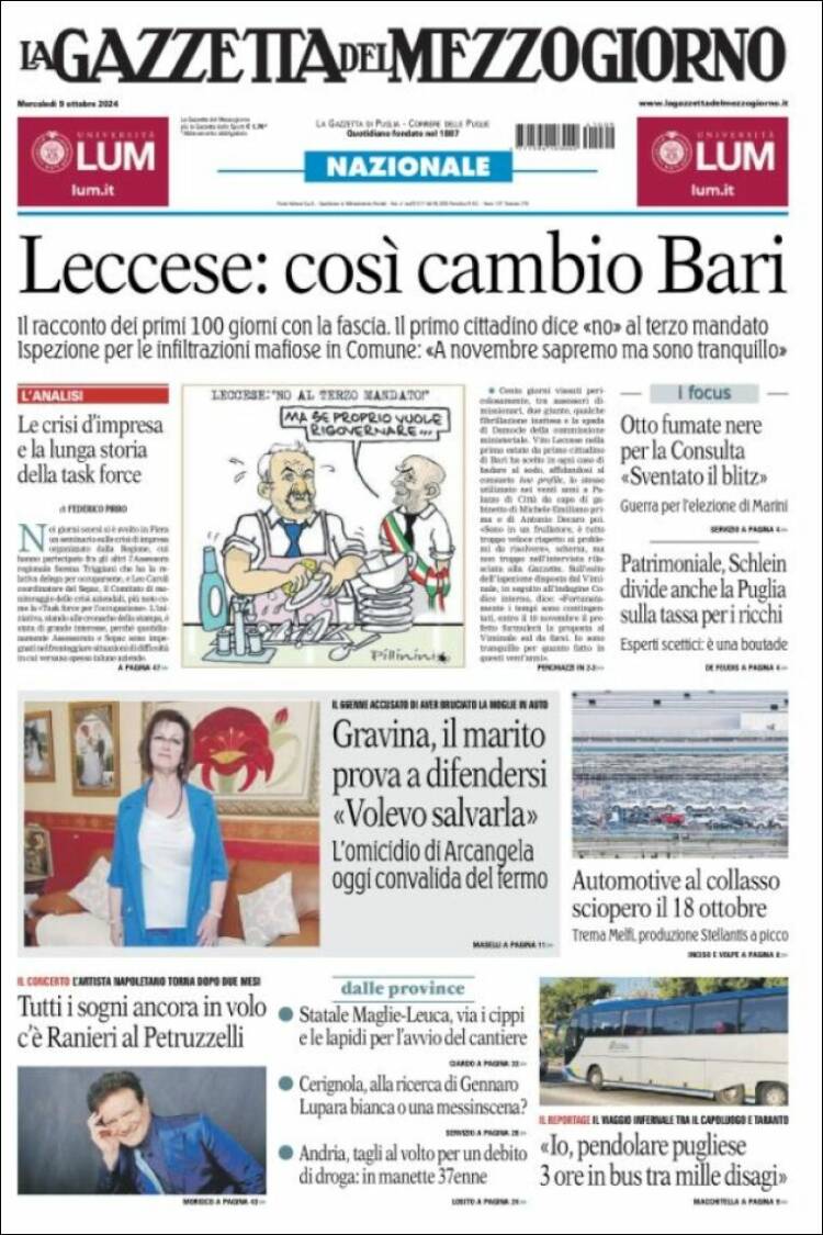 Portada de La Gazzetta del Mezzogiorno (Italia)