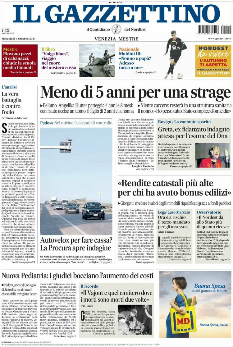 Portada de Il Gazzettino (Italia)