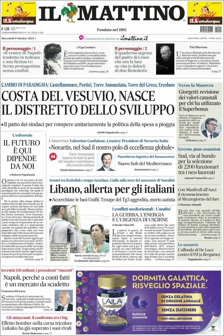 Portada de Il Mattino (Italia)