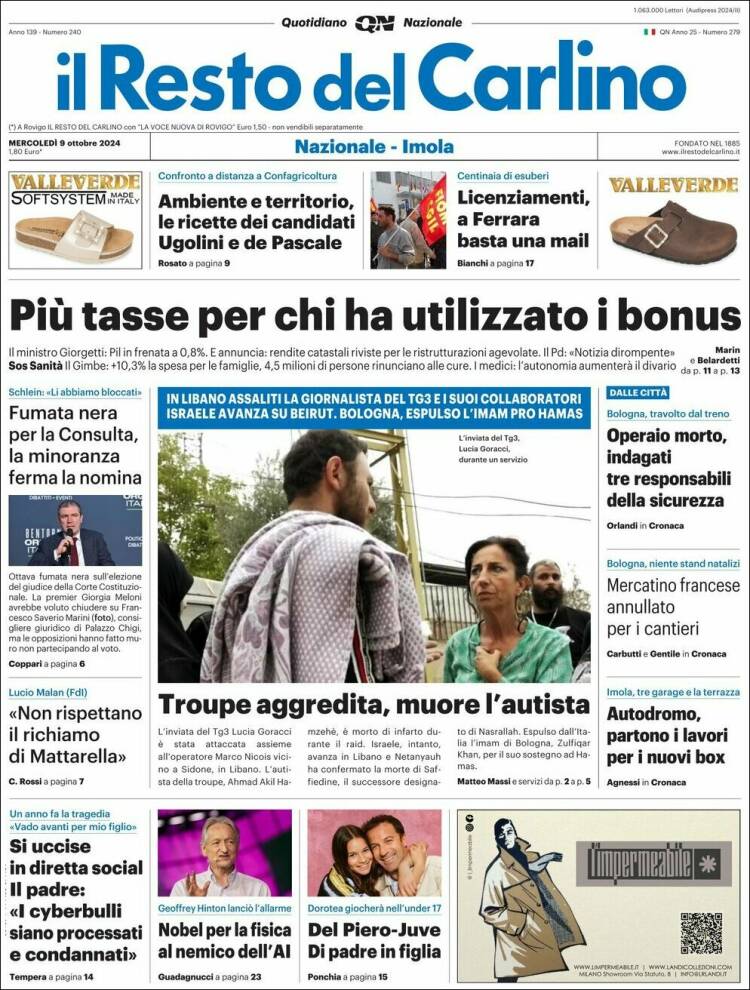 Portada de Il Resto del Carlino (Italia)