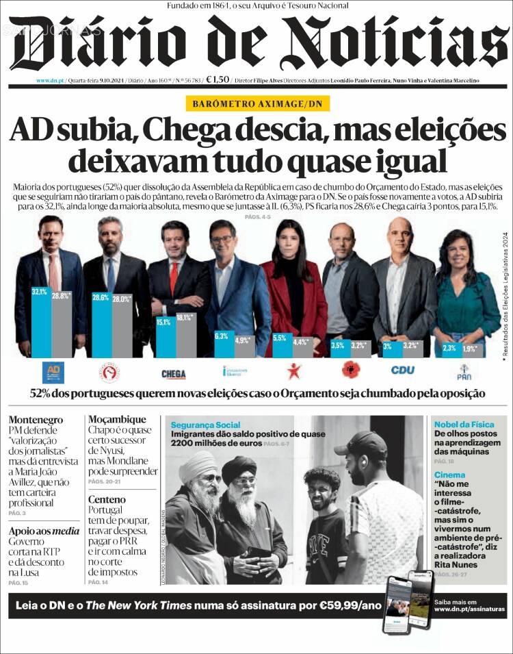 Portada de Diário de Noticias (Portugal)