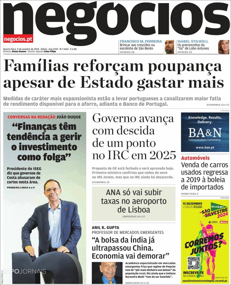 Portada de Jornal de Negócios (Portugal)