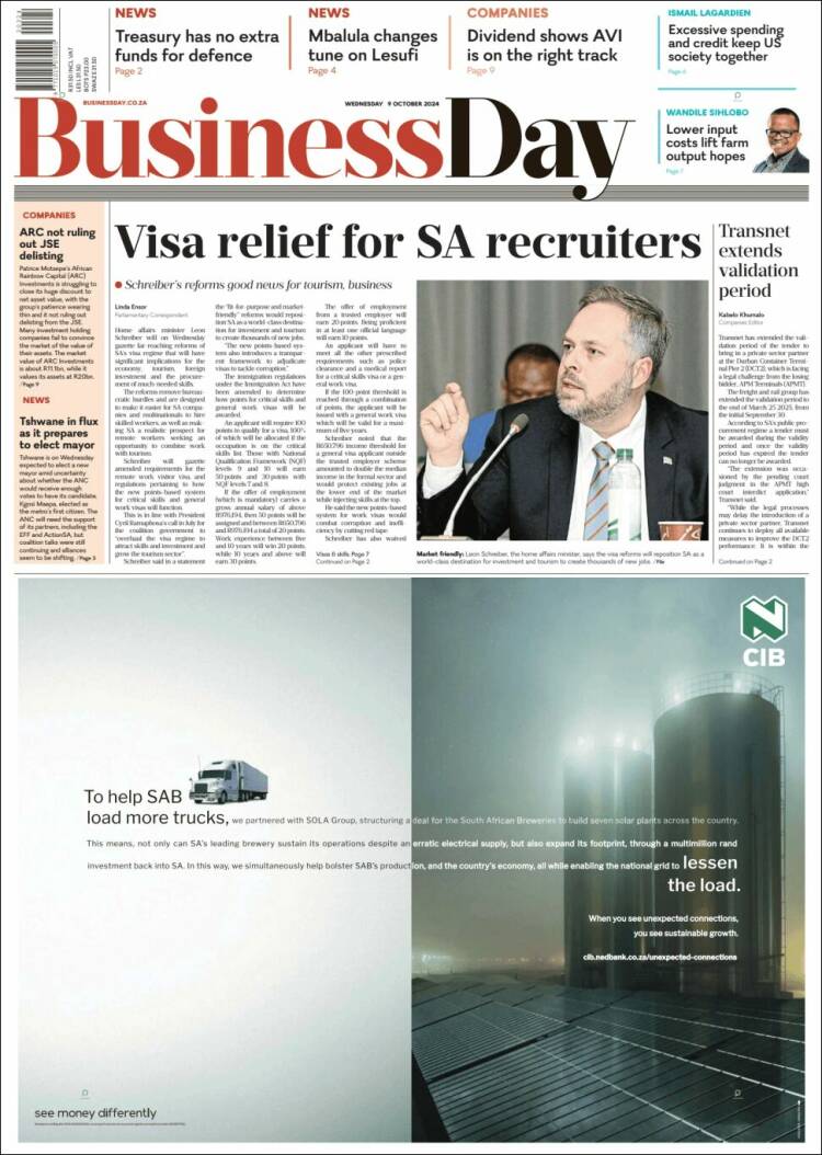 Portada de Business Day (Sud&aacute;frica)