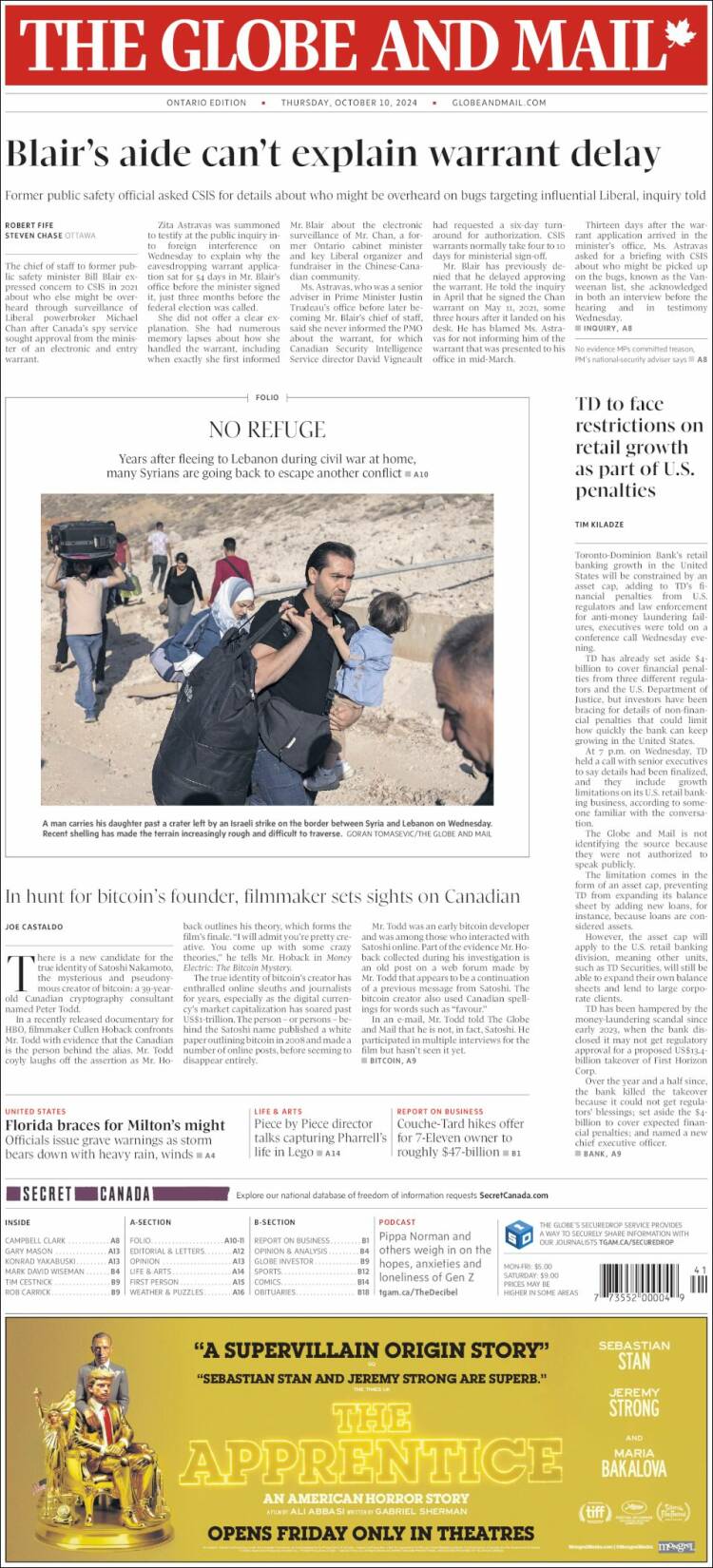 Portada de The Globe and Mail (Canadá)