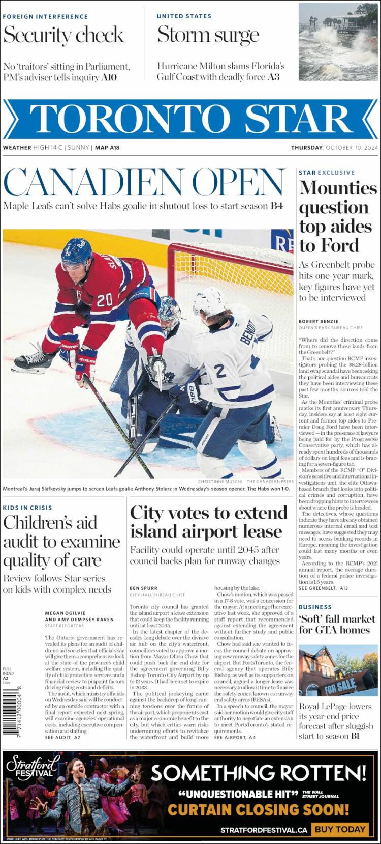 Portada de The Toronto Star (Canada)